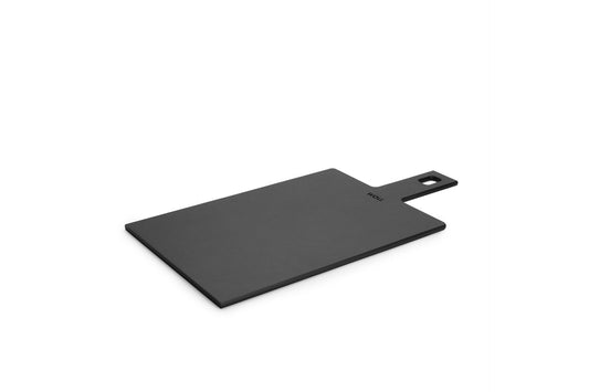 Woll Cut & Serve cutting board 44 x 23 cm with integrated handle, three-quarter view