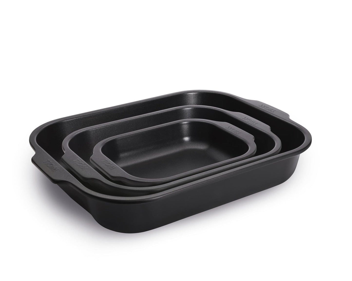 Woll Roast it! 3-piece ceramic roasting pan set in aluminised steel, PFAS-free coating, three-quarter view