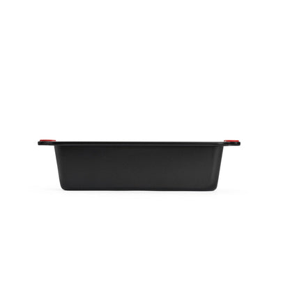 Side profile of Woll Let's Bake! loaf pan with integrated silicone grips