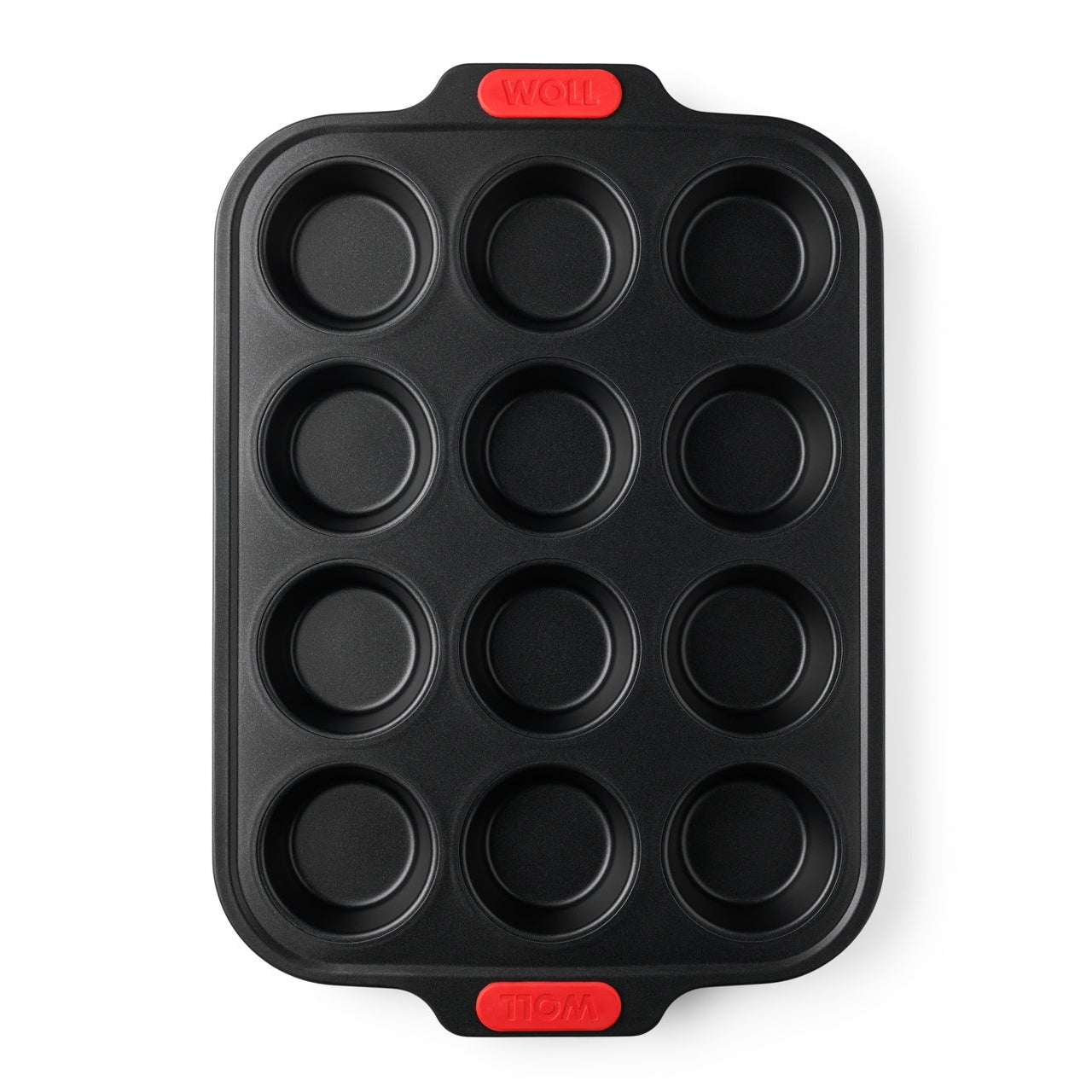 Overhead view of Woll 12-cup muffin pan showing twelve standard 7 cm cups