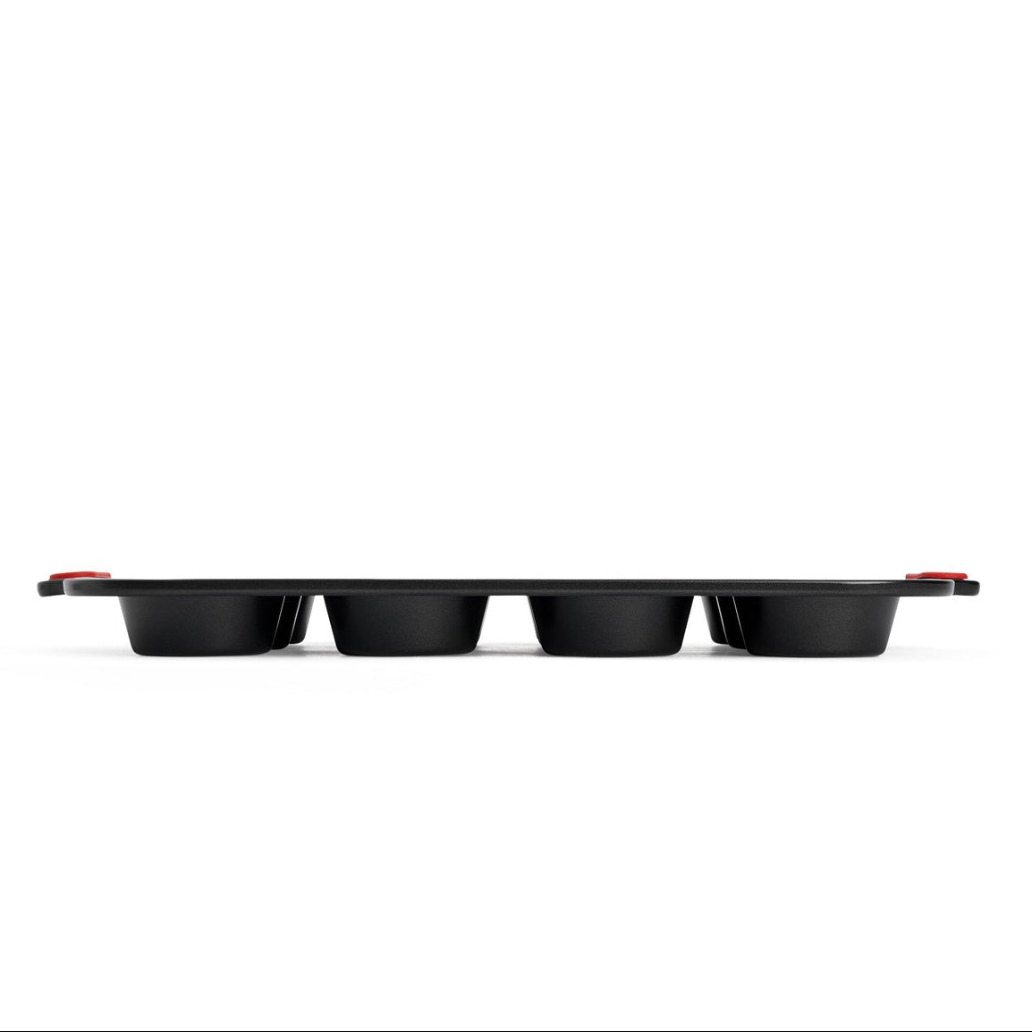 Side profile of Woll Let's Bake! muffin pan with integrated silicone grips